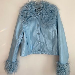 Faux leather crop jacket with faux fur trim